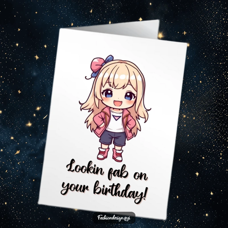 Funny Free Printable Birthday Card: Joyful character confidently posing in a stylish outfit, celebrating with fashion flair.