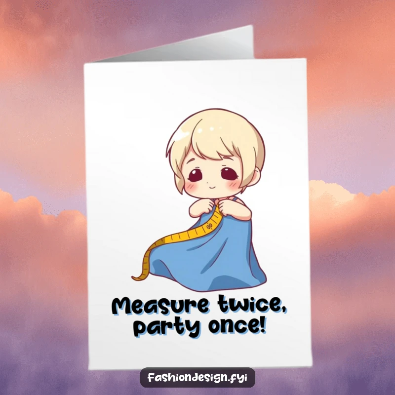 Funny free printable birthday card featuring a playful character measuring fabric with a tape measure, ready for a laugh.