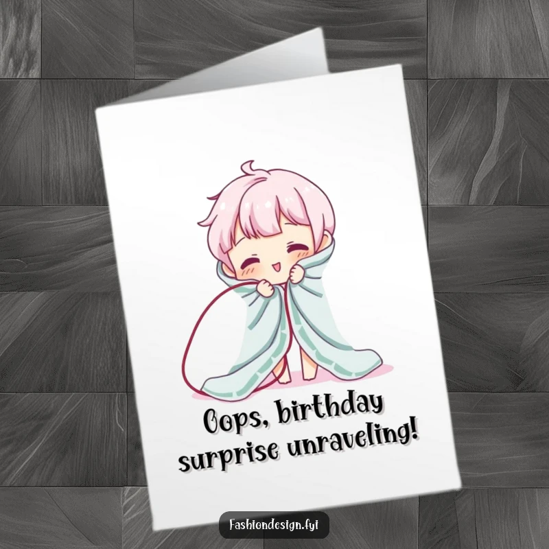 Funny Free Printable Birthday Card: Playful character hilariously unraveling fabric, perfect for a laugh.