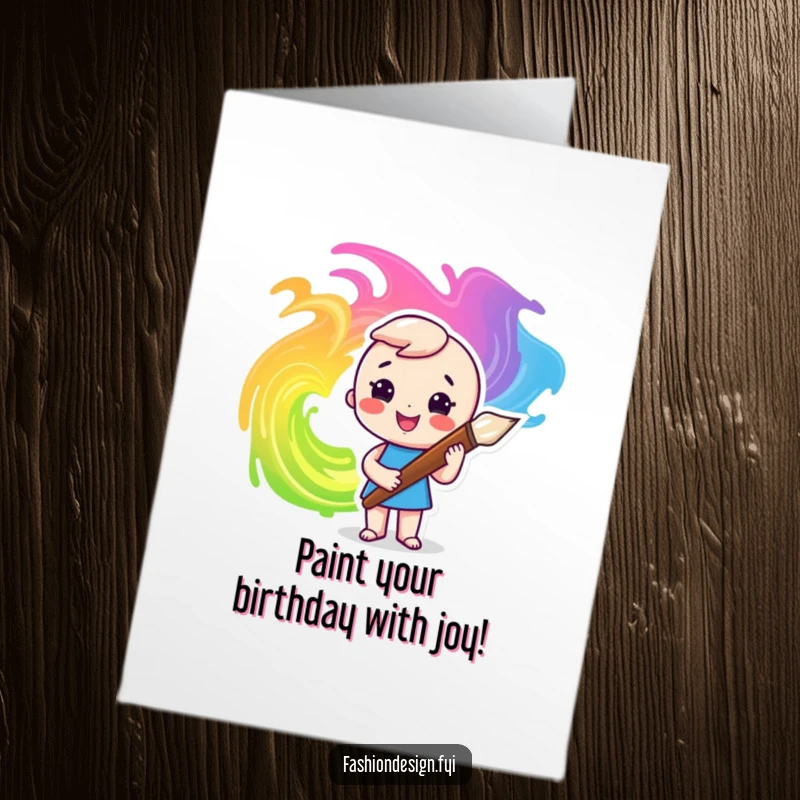 Funny Free Printable Birthday Card: Smiling artist character swirls vibrant paint colors with a large brush.