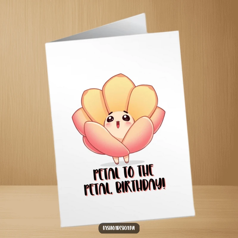 Funny Free Printable Birthday Card: Surprised character watches a large embroidered fabric petal drift down, perfect for a DIY gift.