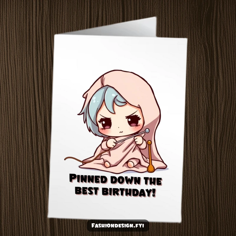 Funny Free Printable Birthday Card: Determined character pins fabric with intense concentration.