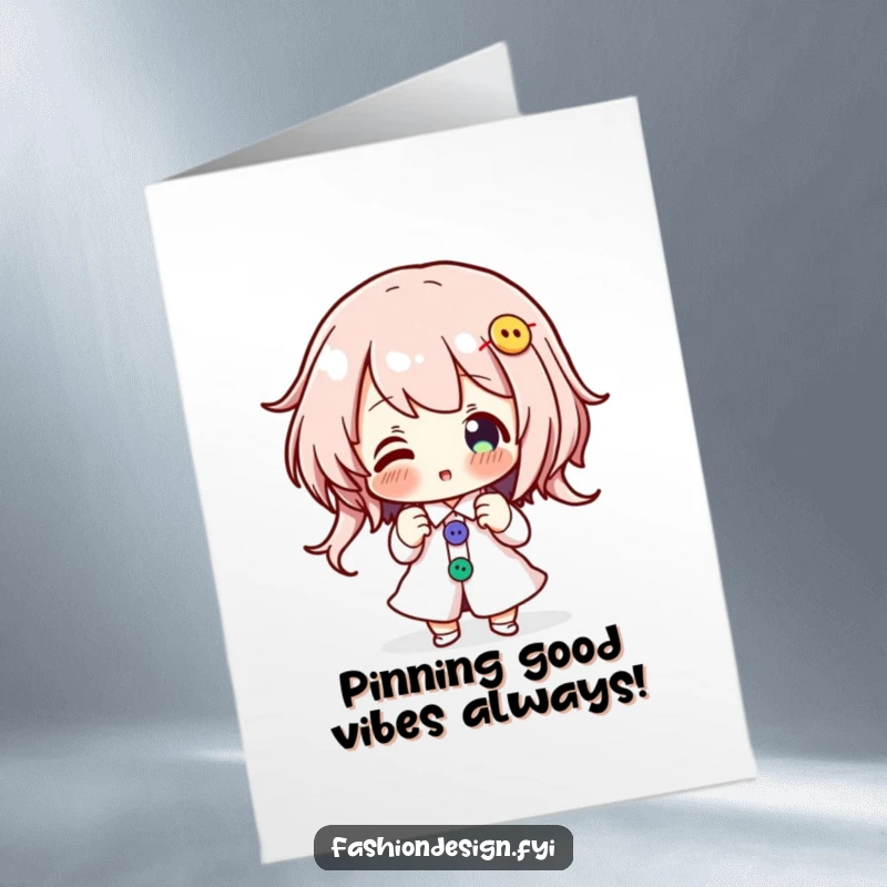 Funny Free Printable Birthday Card: Character excitedly pinning colorful buttons onto a design, a creative birthday greeting.