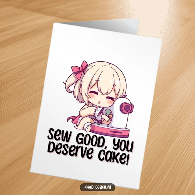 Funny Free Printable Birthday Card: Character posing dramatically with a sewing machine, mid-stitch, celebrating a birthday.