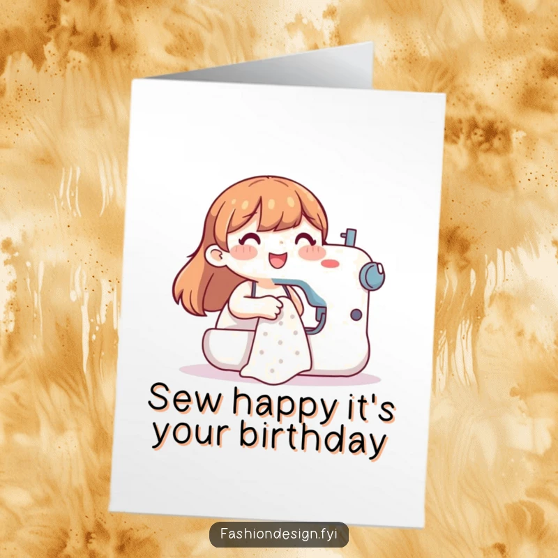 Funny Free Printable Birthday Card: Happy character smiling while using a sewing machine to make clothes.
