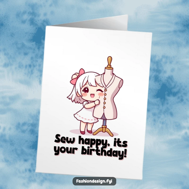 Funny Free Printable Fashion Birthday Card: A character styles fabric on a mannequin, a creative downloadable for sewers.