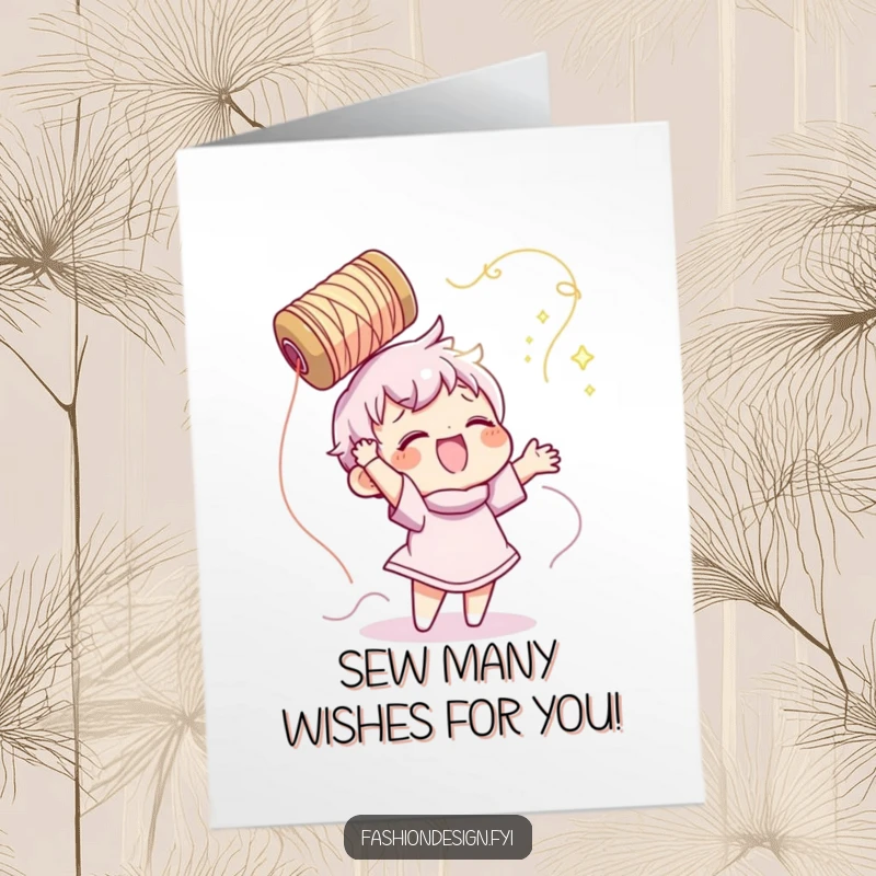 Funny Free Printable Birthday Card: Character gleefully throws a spool of shimmering thread high in the air.