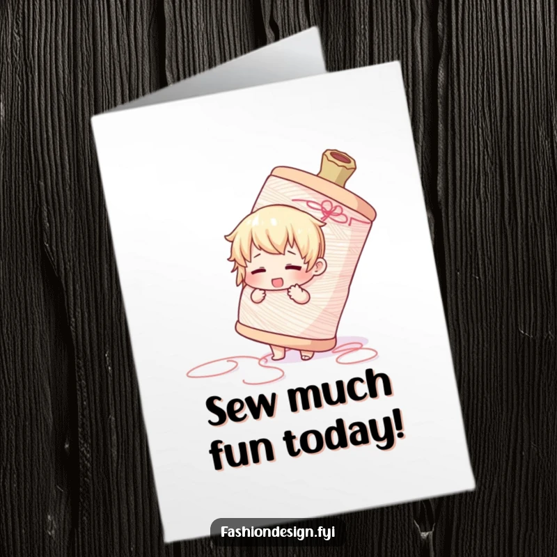 Funny Free Printable Birthday Card: Adorable character tangled in a massive thread spool, perfect for sewists. A humorous DIY gift.