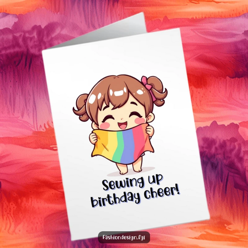 Funny Free Printable Birthday Card: A joyful character holds a bright fabric swatch, celebrating with glee, perfect for a crafty birthday.
