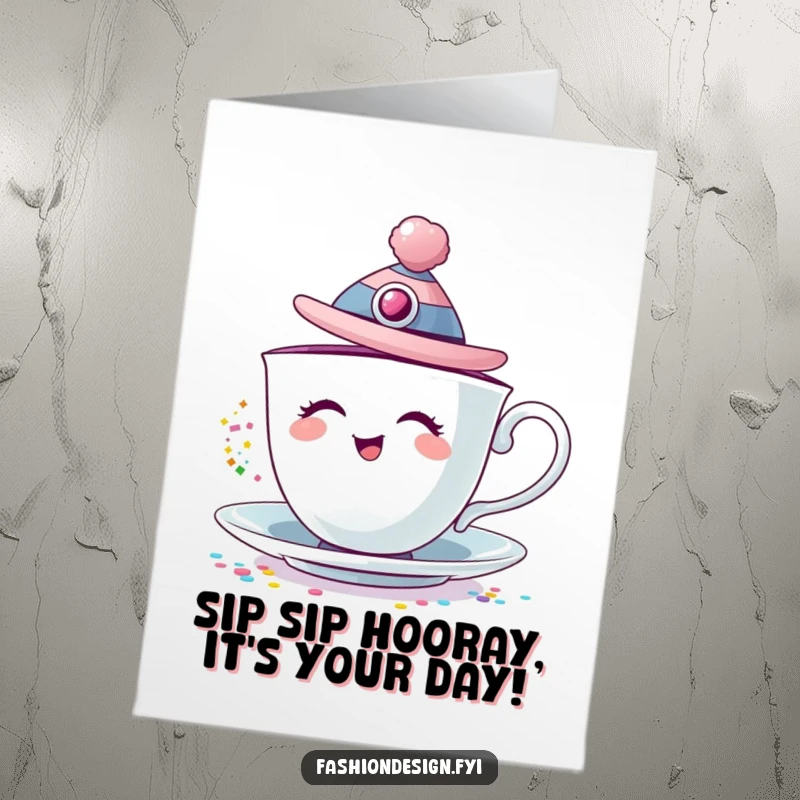Funny Free Printable Birthday Card: Giggling teacup wearing a fashion hat, pouring colorful glitter with joy.