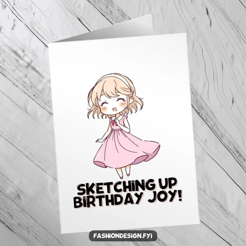 Funny Free Printable Birthday Card: A delighted character rapidly sketches a beautiful, flowing gown, perfect for a fashion-forward celebration.
