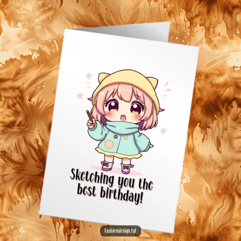 Funny Free Printable Birthday Card: Excited character sketches a wild, whimsical outfit with a pencil.