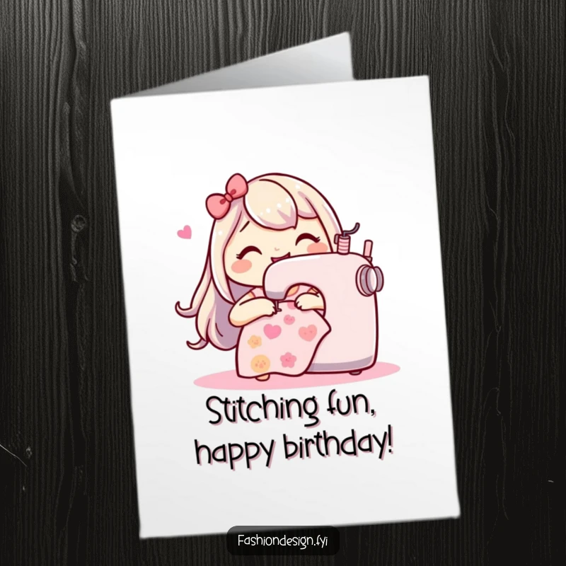 Funny Free Printable Birthday Card: Happy character gleefully stitching a playful pattern with a sewing machine.