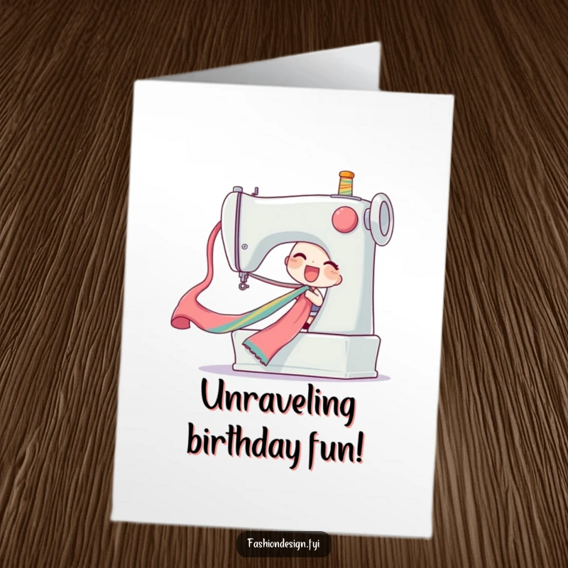 Funny Free Printable Birthday Card showing a delighted character pulling a long, colorful silk ribbon from a giant sewing machine.