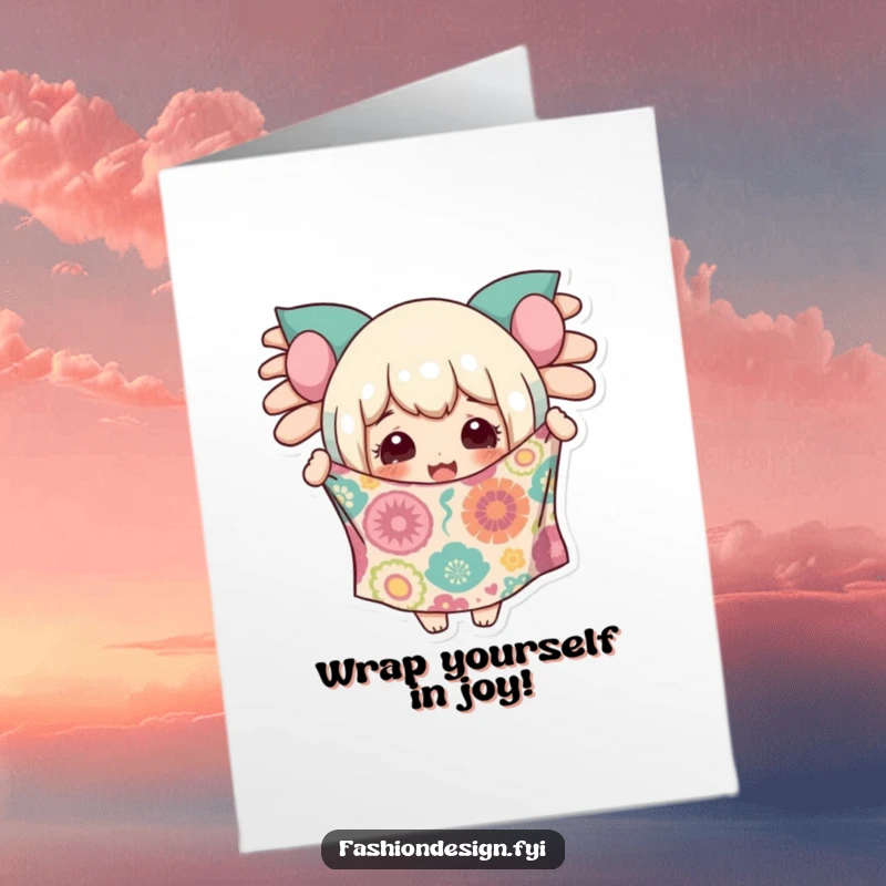 Funny Free Printable Birthday Card showing a character thrilled with a brightly, wildly patterned fabric, spreading joy.