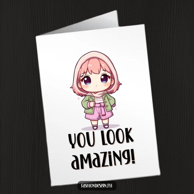 Funny Free Printable Birthday Card: Proud character presents a finished fashion creation with a beaming smile. DIY gift.