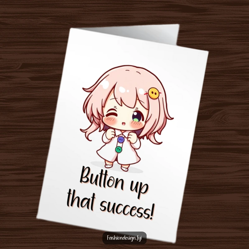 Funny Free Printable Congrats Card: Character enthusiastically pinning vibrant buttons, celebrating success with a creative touch.