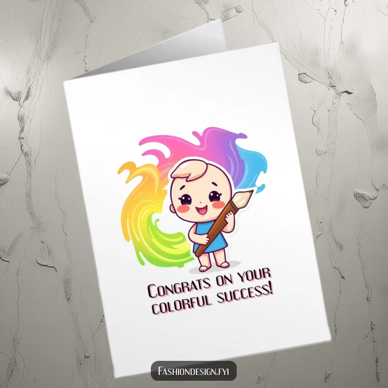 Funny Free Printable Congratulations Card: Cheerful character paints colorful swirls with a giant paintbrush.
