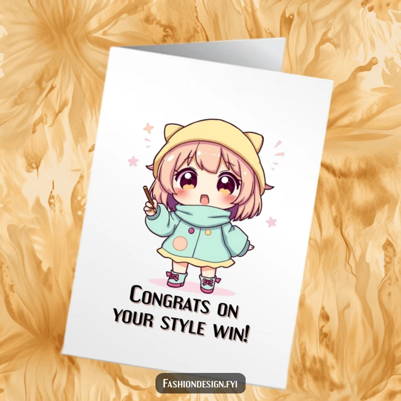 Funny Free Printable Congratulations Card: Character excitedly sketches a fabulous, whimsical fashion design.