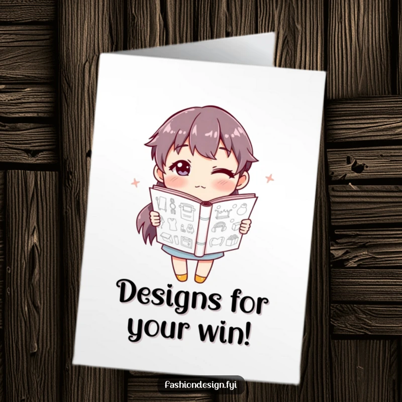 Funny Free Printable Congrats Card showing a winking character holding a sketchbook filled with impressive designs, celebrating a win.
