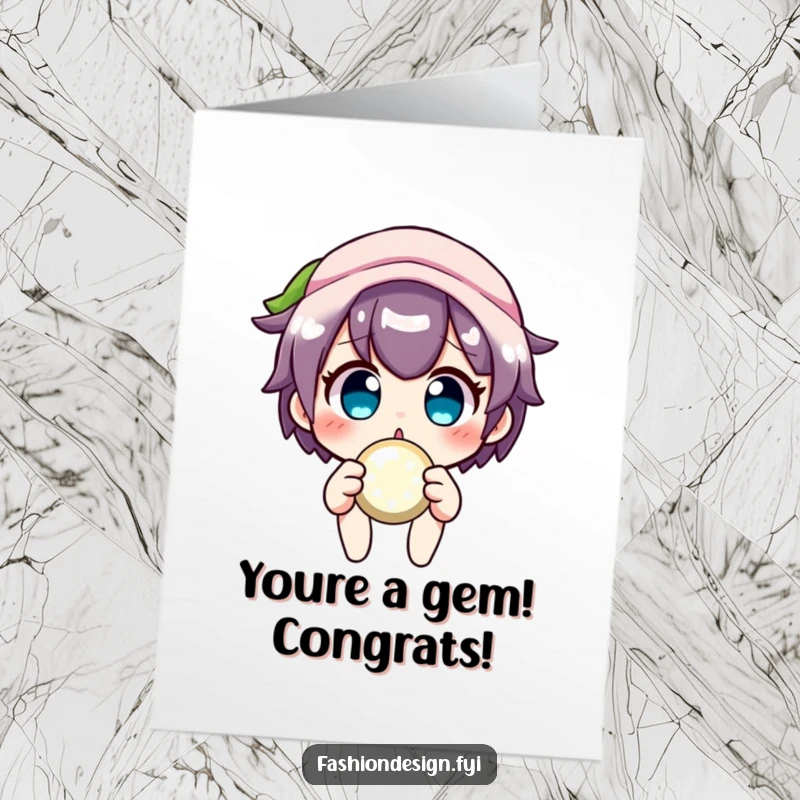 Funny Free Printable Button Congrats Card: Surprised character holding a sparkly button, a celebratory downloadable gift.