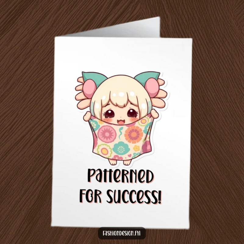 Funny Free Printable Congratulations Card with a character beaming while holding a vibrant, outlandish patterned fabric.