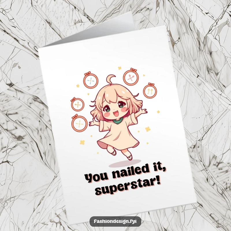 Funny Free Printable Congrats Card: Character doing a happy dance with flying mannequins, a stylish congratulations message.