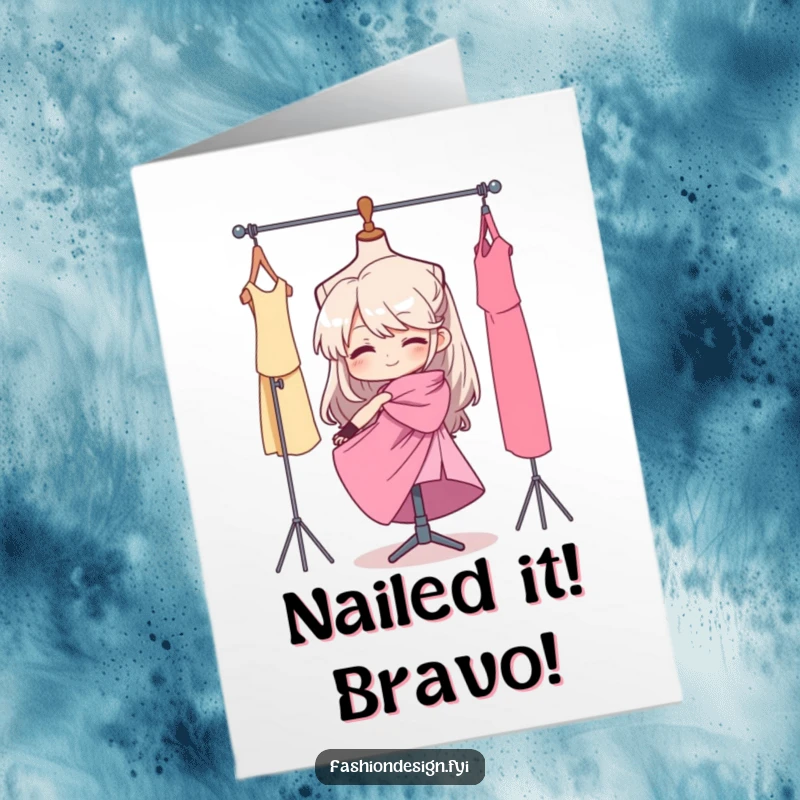 Funny Free Printable Congrats Card: Determined character drapes fabric on a mannequin, celebrating a fashion achievement. DIY gift.