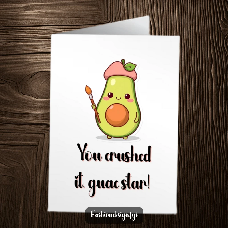 Funny Free Printable Congrats Card: Cheerful avocado artist with beret and paintbrush, celebrating achievements with flair.
