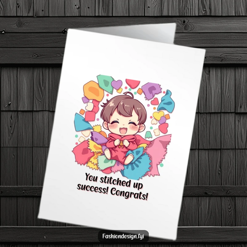 Funny Free Printable Congratulations Card: Giggling crafter surrounded by colorful fabric scraps, celebrating a win with DIY delight.
