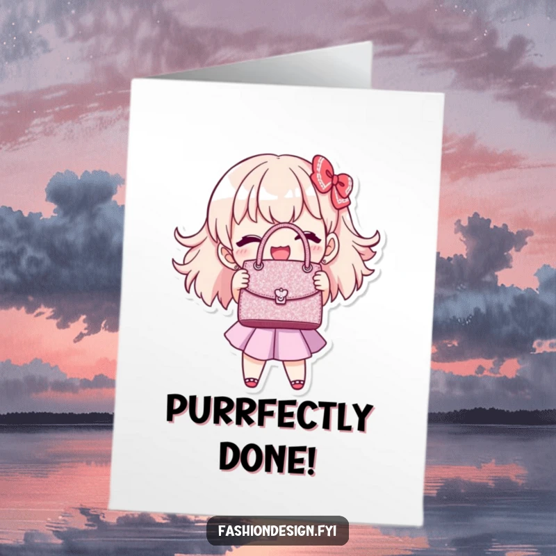 Funny Free Printable Congratulations Card showing a joyful character proudly displaying a perfectly stitched, miniature, glittering handbag, celebrating.