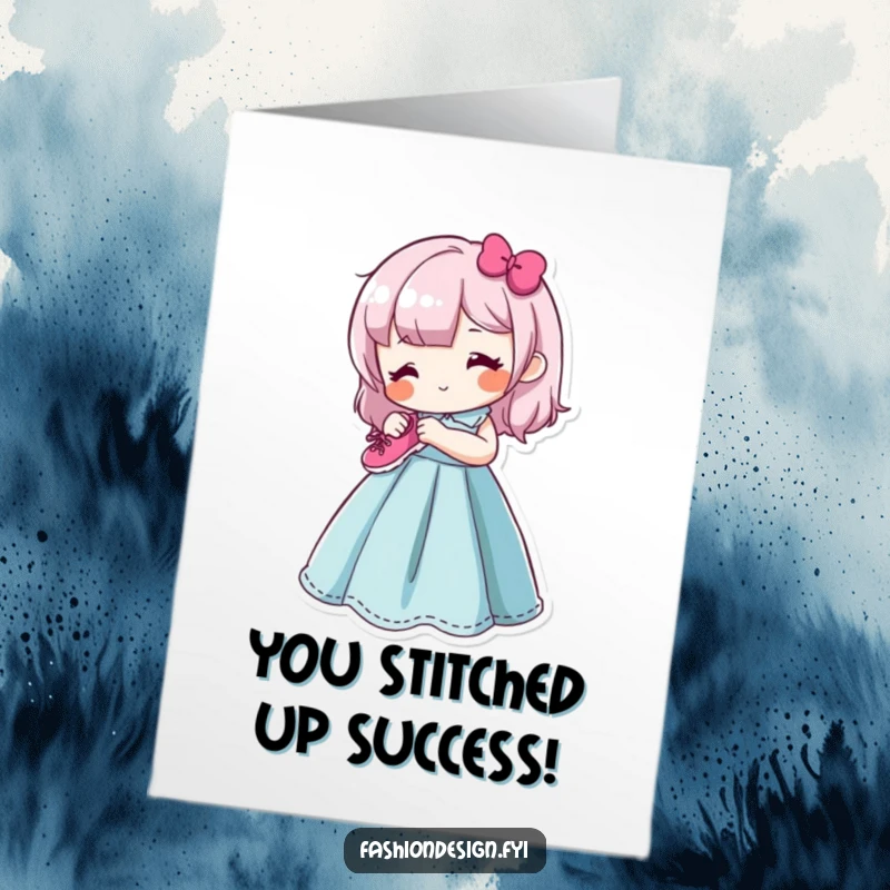 Funny Free Printable Congrats Card: Happy character happily sews a tiny smiling shoe onto a vibrant dress form, great for DIY.