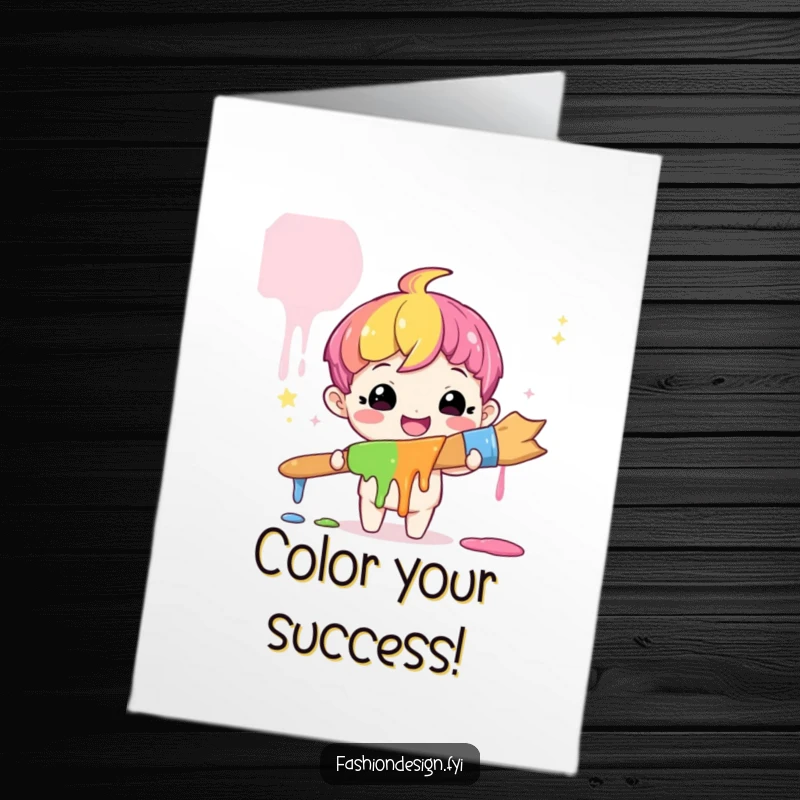 Funny Free Printable Congratulations Card: Cute character beaming with a wide smile, holding a giant paintbrush with dripping rainbow paint.