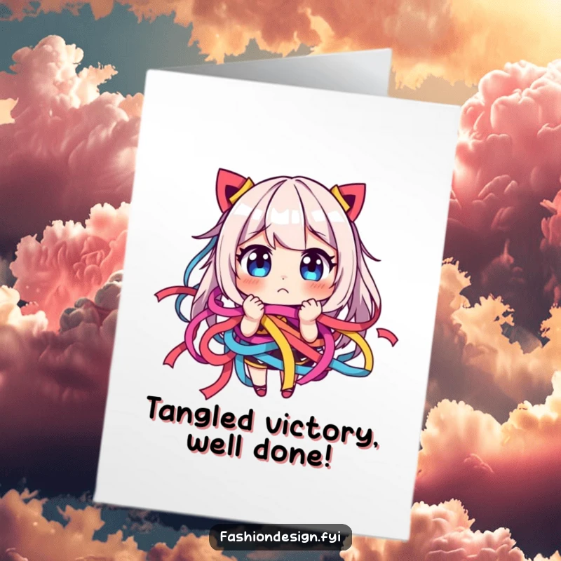 Funny Free Printable Congratulations Card featuring a character playfully entangled in vibrant ribbons, expressing mixed emotions.