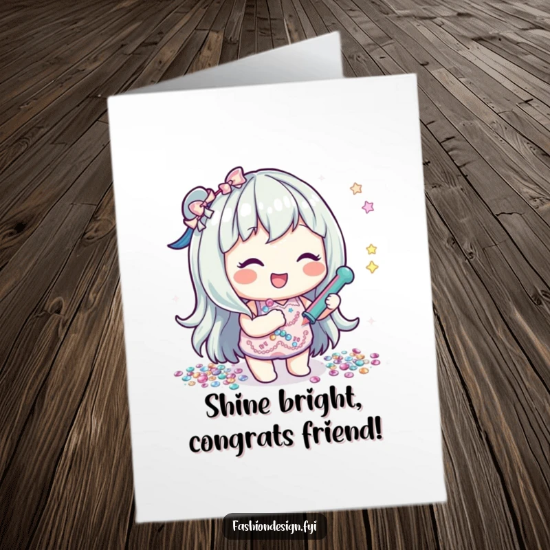 Funny free printable congratulations card showing a happy character gluing shiny sequins, reflecting a brilliant accomplishment.