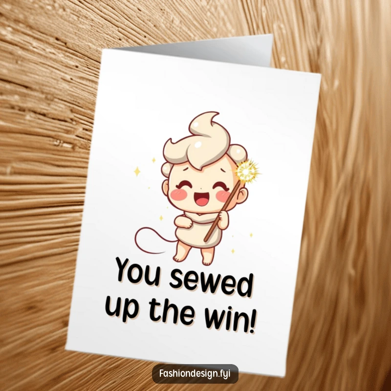 Free Printable Congratulations Card: A cheerful character joyfully holds a large, shimmering needle, symbolizing accomplishment.