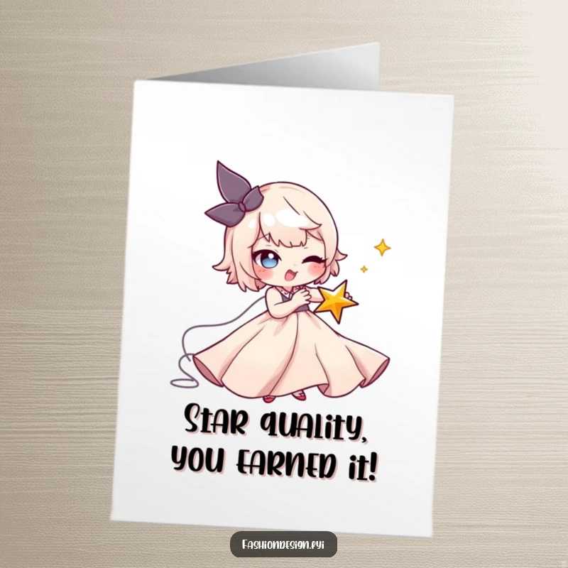 Funny Free Printable Congratulations Card: Character with a mischievous grin stitches a tiny, winking star onto a flowing gown.