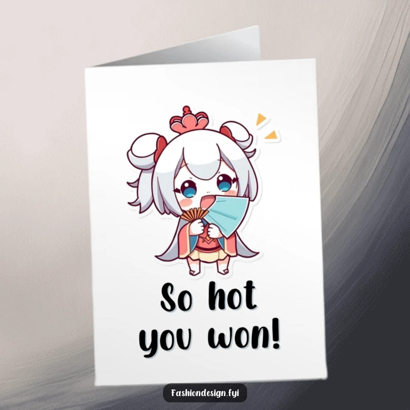 Funny Free Printable Congrats Card featuring a surprised character fanning themselves with a large fan, reacting to great news.