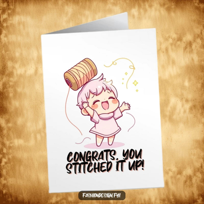 Funny Free Printable Congratulations Card: Character joyfully tosses a shimmering spool of thread overhead.