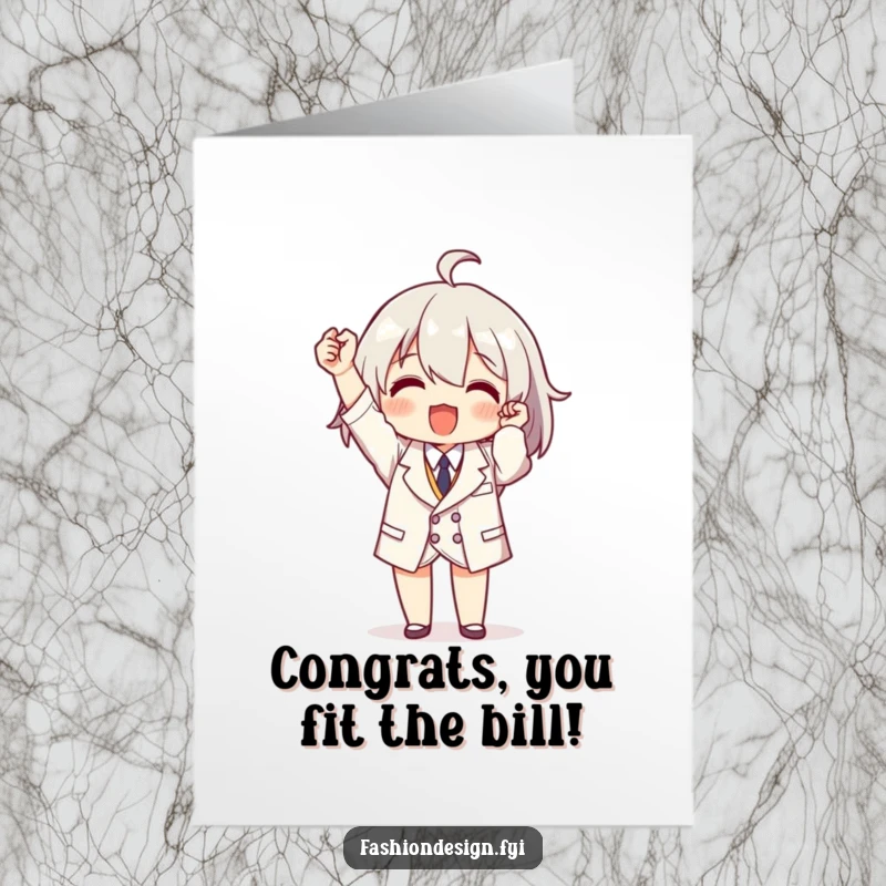 Funny Free Printable Congratulations Card: Character triumphantly displays a perfectly tailored miniature piece of clothing.