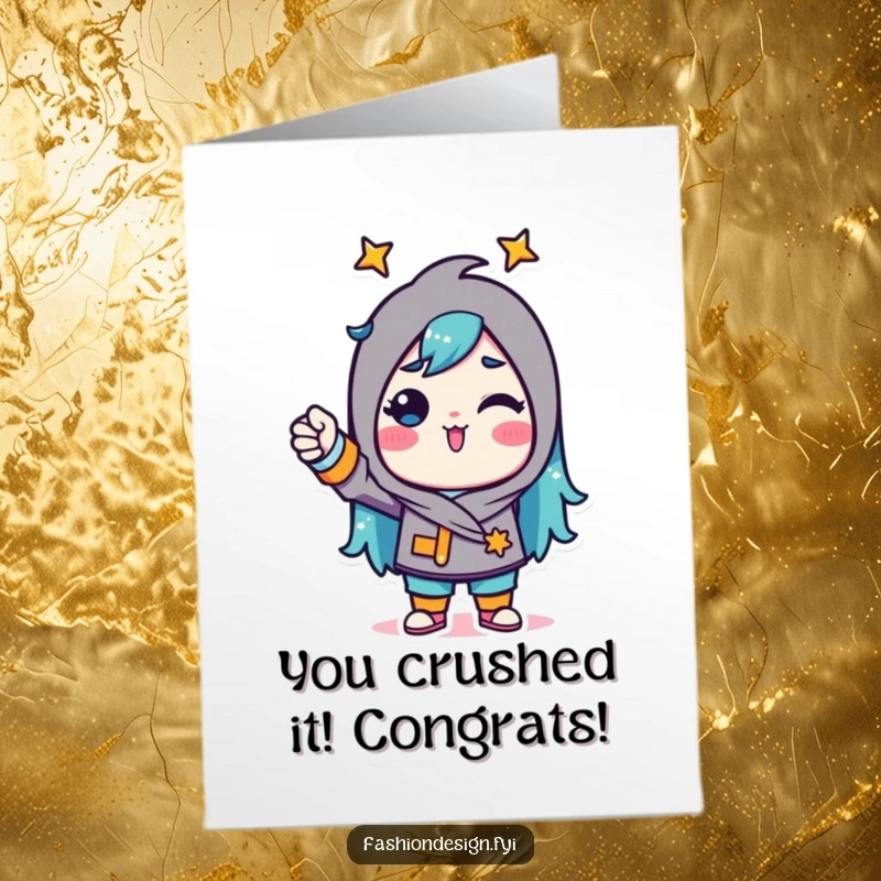 Funny Free Printable Congrats Card showing a victorious character pinning fabric, celebrating a big win with flair.