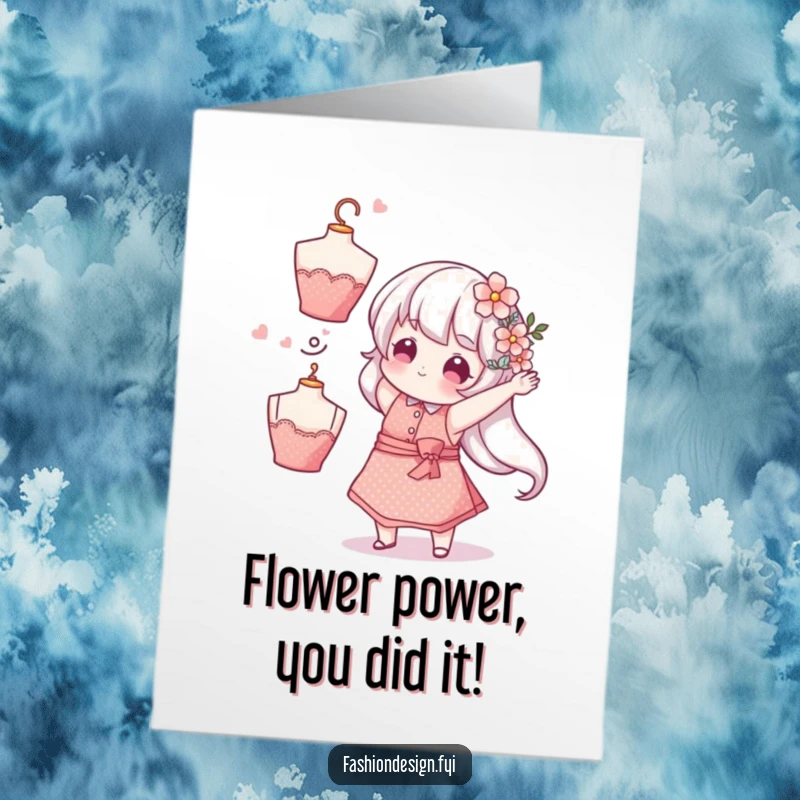 Funny Free Printable Congratulations Card: Whimsical character in a sparkly apron playfully tosses a mannequin head adorned with flowers.