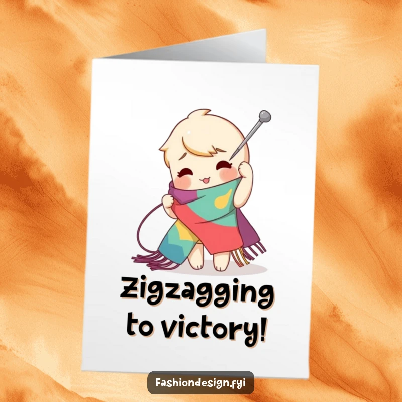 Funny Free Printable Congratulations Card featuring a playful character making a giant zig-zag stitch on a vibrant scarf, celebrating success.