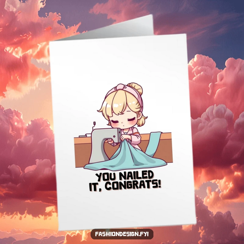 Funny Free Printable Congratulations Card: A focused seamstress expertly drapes fabric, celebrating success, downloadable art.