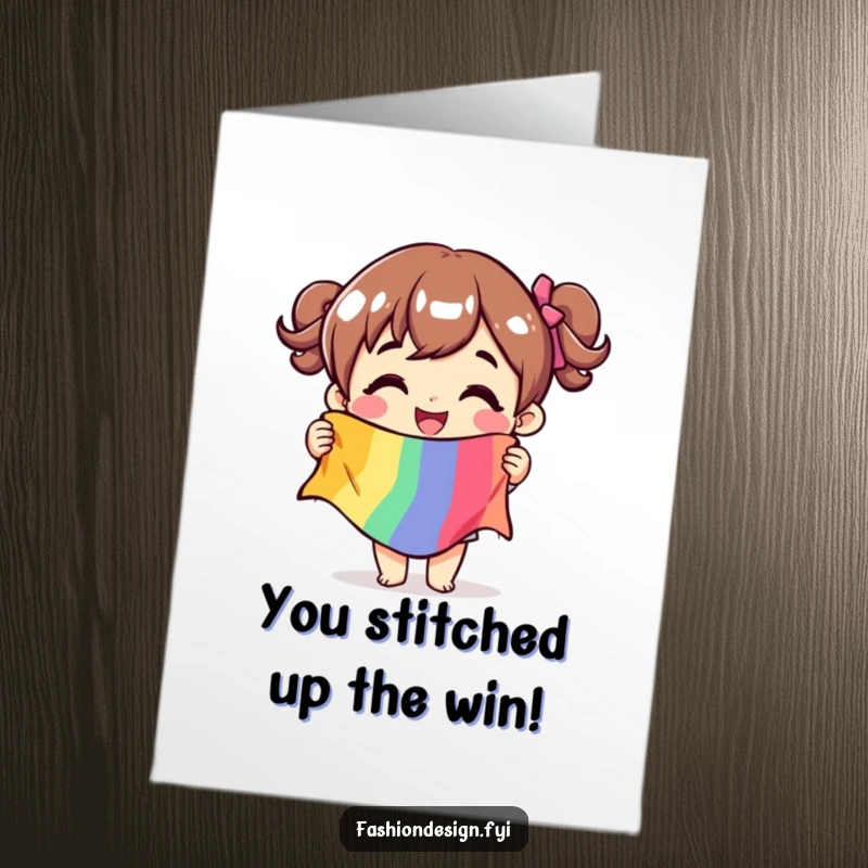 Funny Free Printable Congratulations Card: A character beams with glee while holding a colorful fabric swatch, celebrating a vibrant accomplishment.