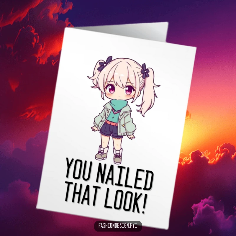 Funny Free Printable Congratulations Card: Character confidently presenting a stylish outfit, celebrating achievement and flair.