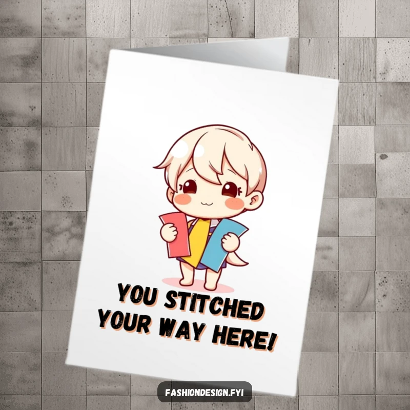 Funny Free Printable Congratulations Card featuring a delighted character holding up a perfectly matched fabric swatch.