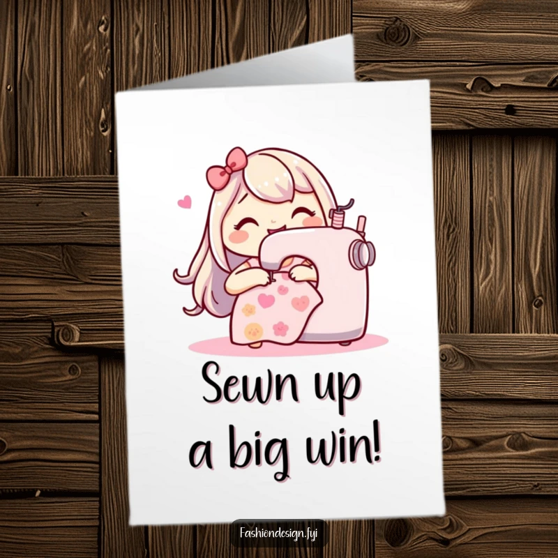 Funny Free Printable Congratulations Card: Happy character sewing a pattern that signifies success and celebration.
