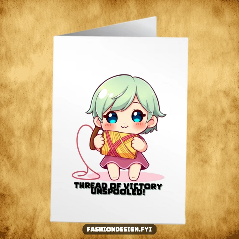 Funny Free Printable Congratulations Card: Cute character with a spool of thread unraveling, symbolizing a new start.