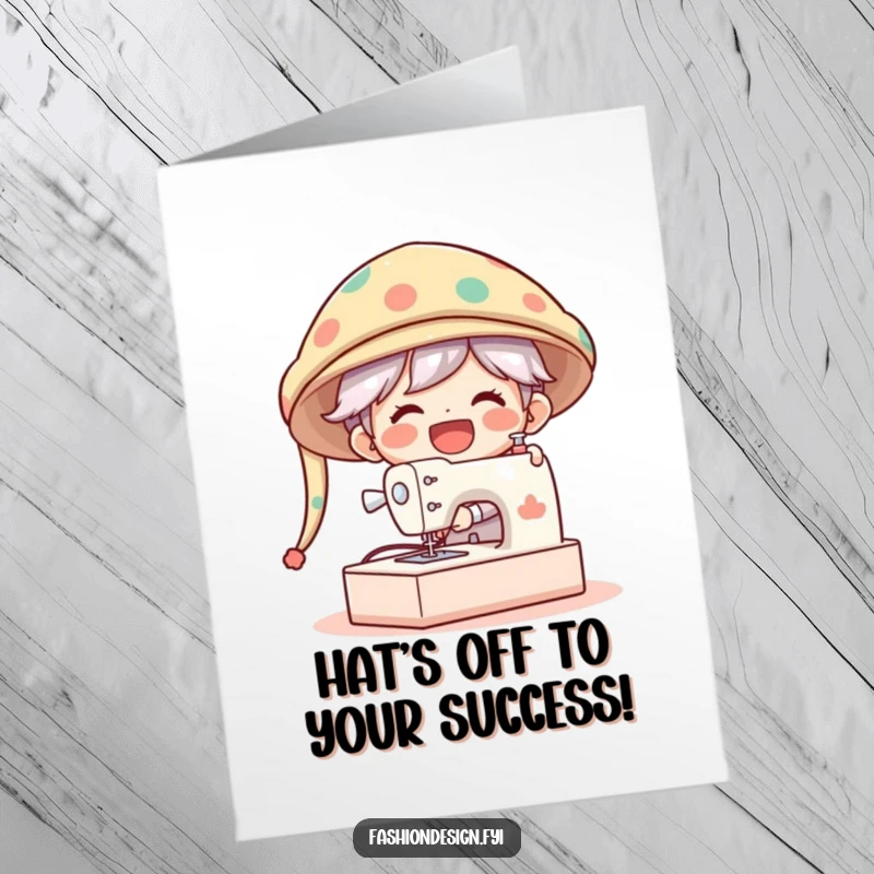Funny Free Printable Congratulations Card: Gleeful character joyfully sewing a massive, fashionable hat.
